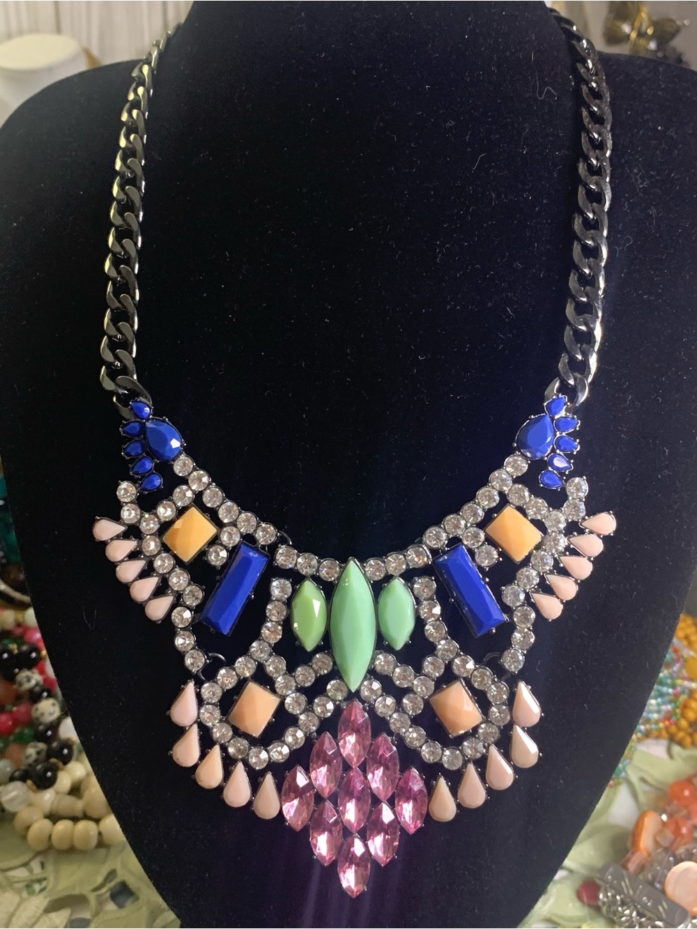 LOGO Statement Multicolor Crystal Bib Necklace - Pink, Blue, Green